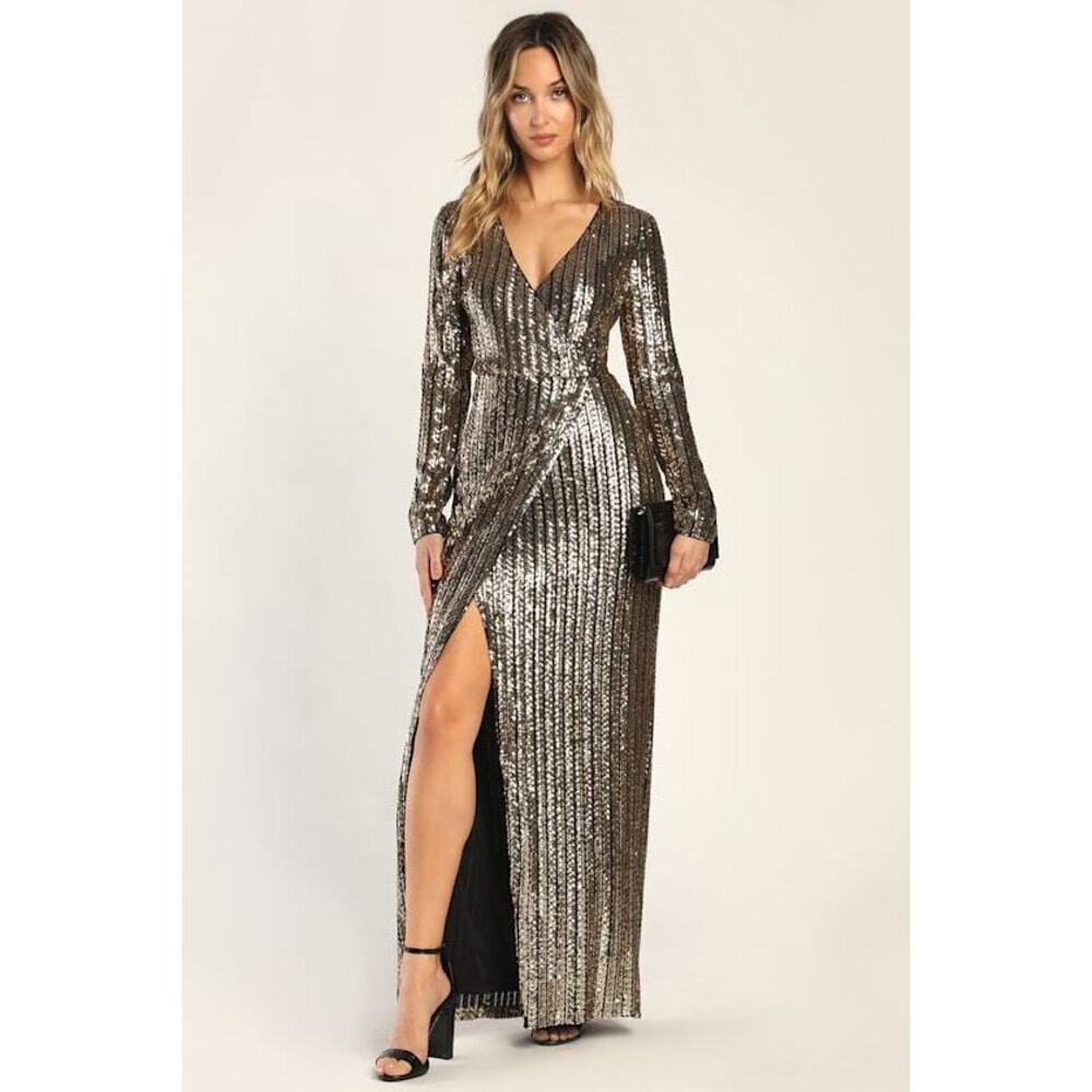 Lulus Love Lasts Forever Gold Sequin Long Sleeve Maxi Dress - Size M